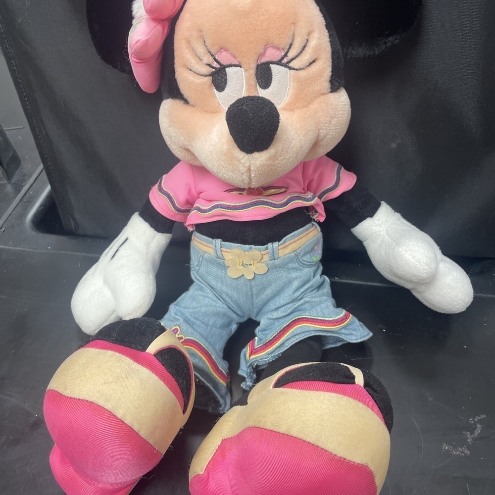 Minnie Mouse Disneyland Disneyworld Parks Flower Power 20" Pink Bow Denim Plush